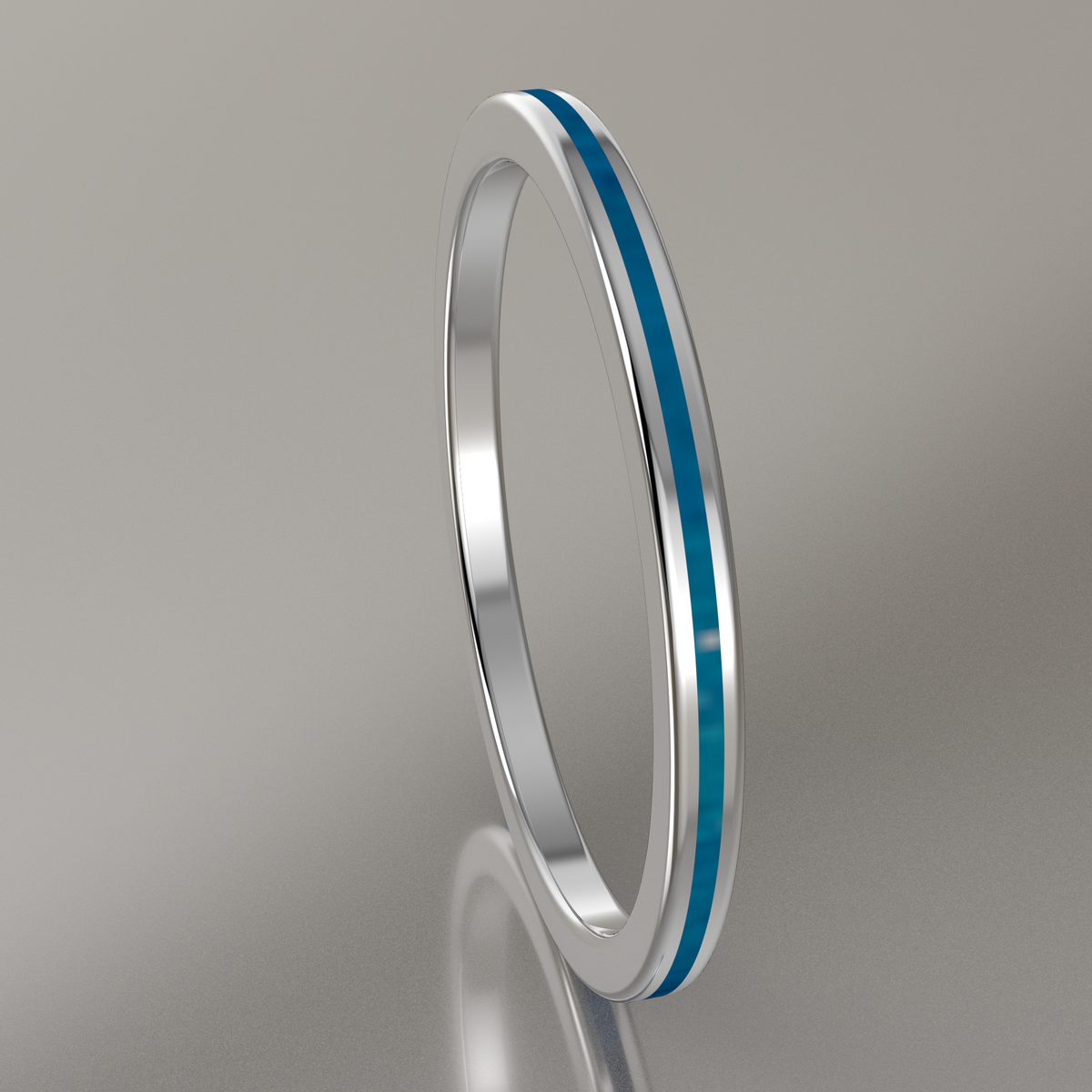 Polished White Gold 1.5mm Stacking Ring Blue Swirl Resin