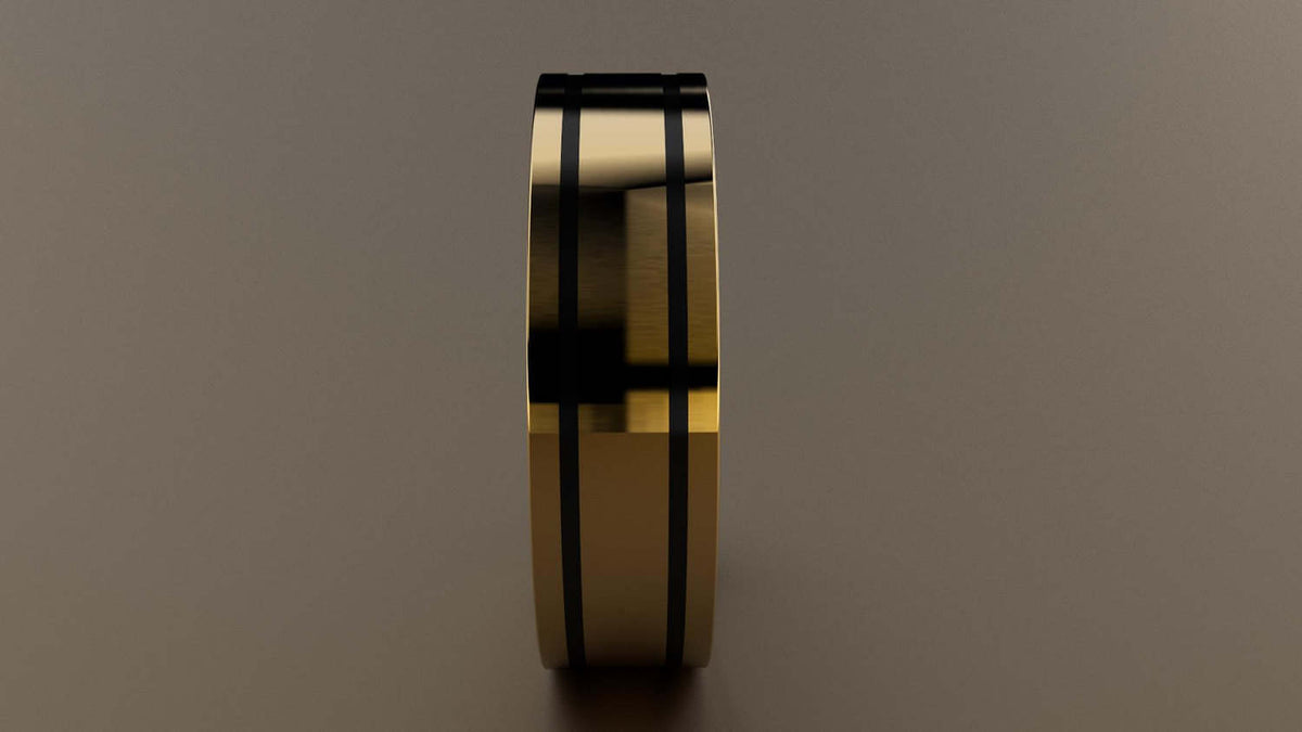 Polished Yellow Gold 6mm Double Black Groove Wedding Band