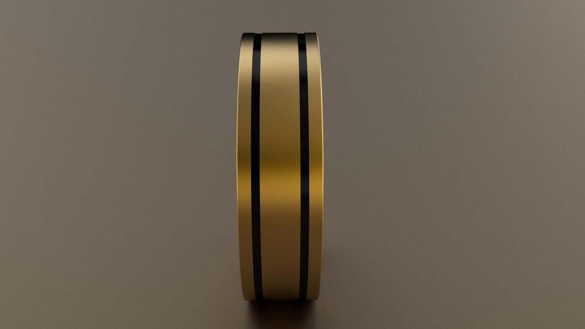 Brushed Yellow Gold 6mm Double Black Groove Wedding Band