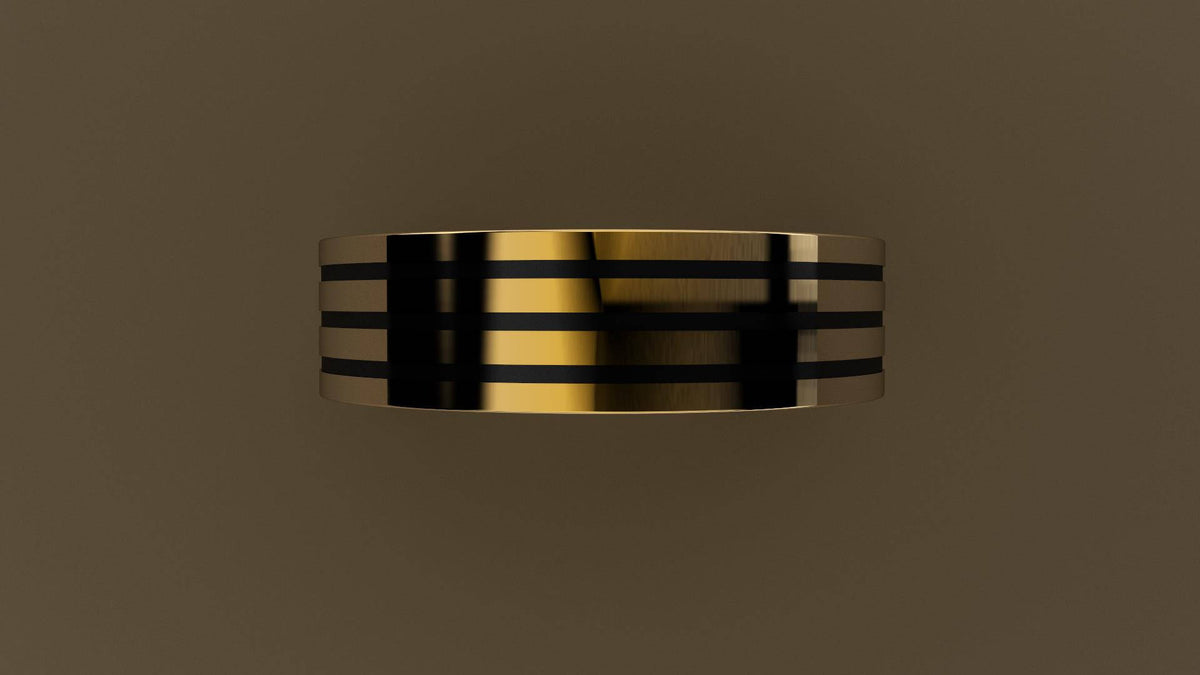Polished Yellow Gold 6mm Triple Black Groove Wedding Band