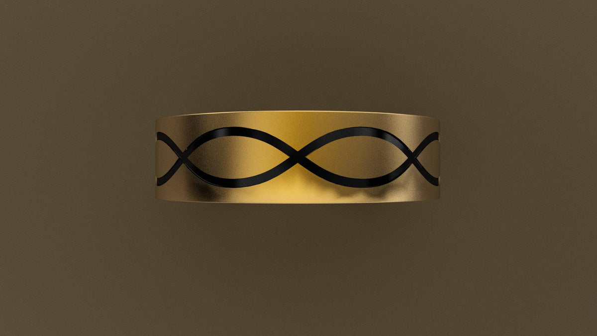 Brushed Yellow Gold 6mm Infinity Black Groove Wedding Band