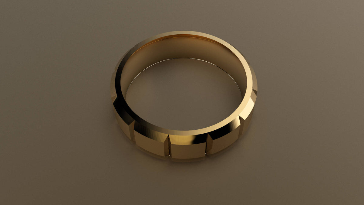 Brushed Yellow Gold 6mm Beveled Edge Segmented Wedding Band