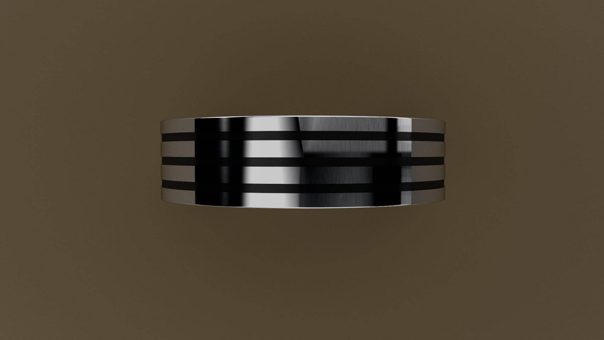 Polished White Gold 6mm Triple Black Groove Wedding Band