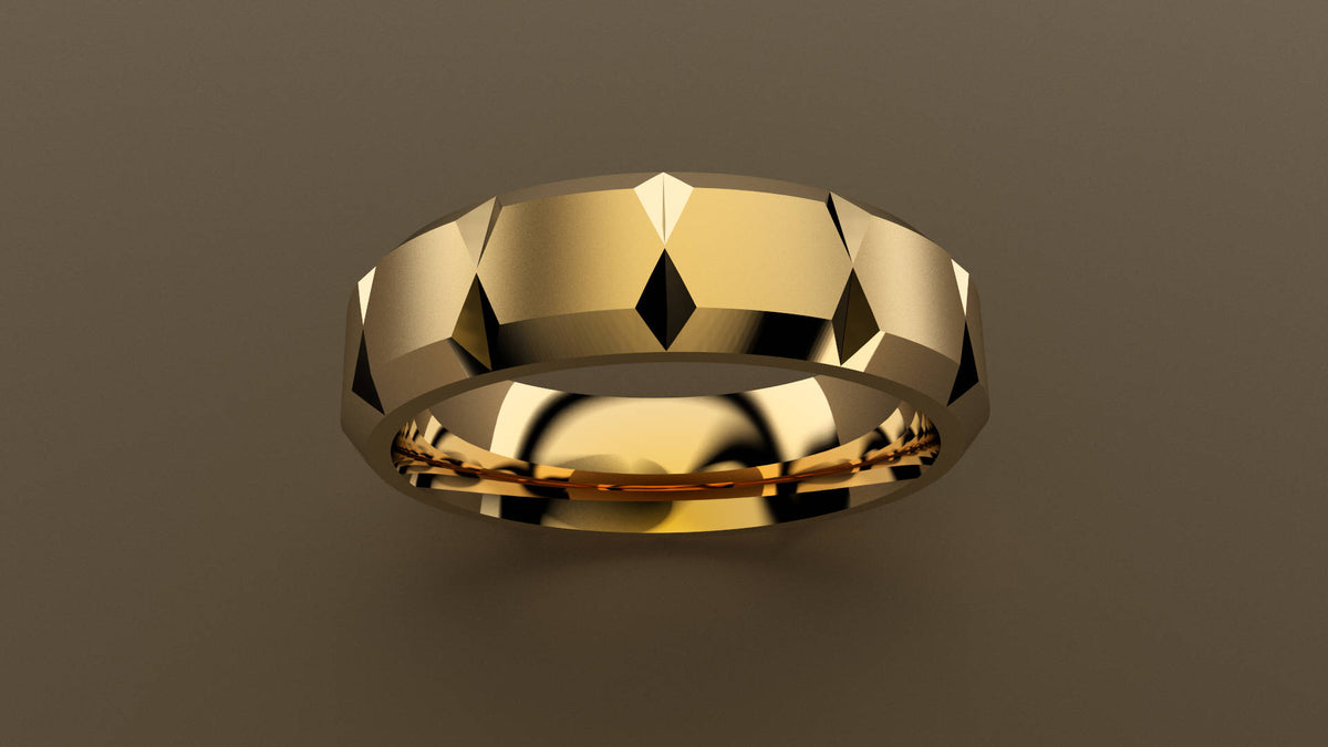 Brushed Yellow Gold 6mm Beveled Edge with Facets Wedding Band