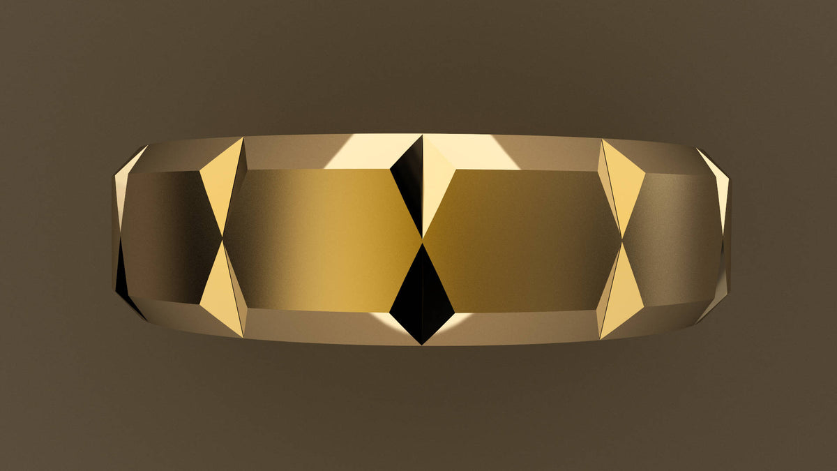 Brushed Yellow Gold 6mm Beveled Edge with Facets Wedding Band