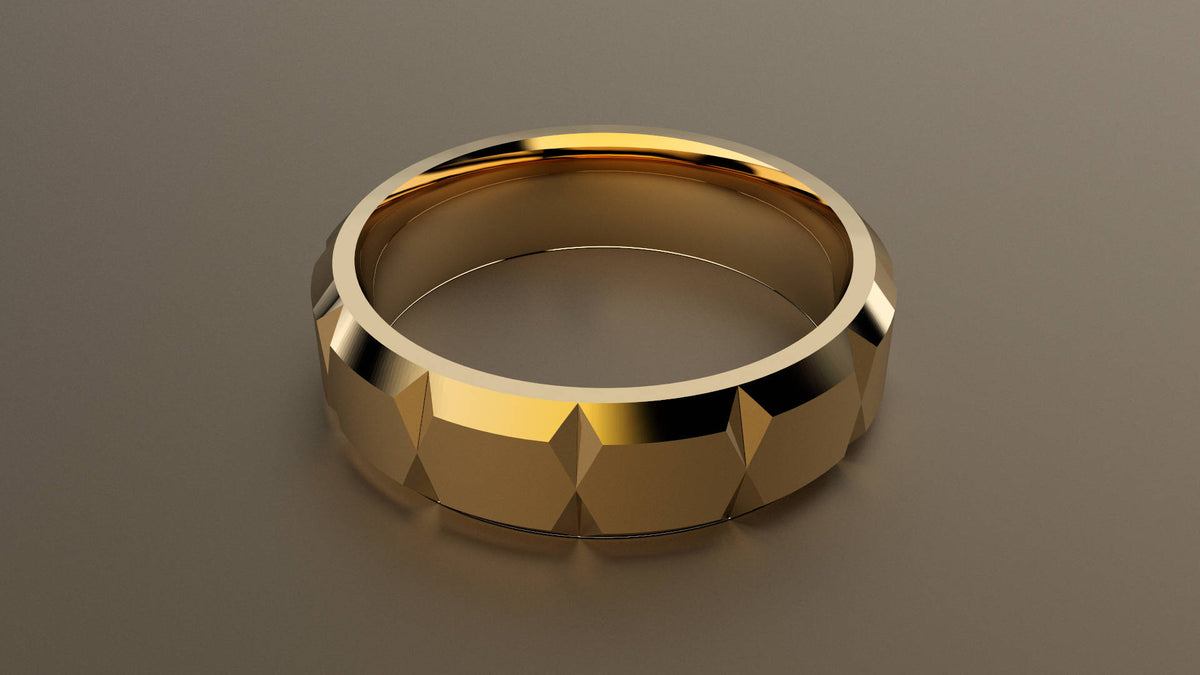 Brushed Yellow Gold 6mm Beveled Edge with Facets Wedding Band
