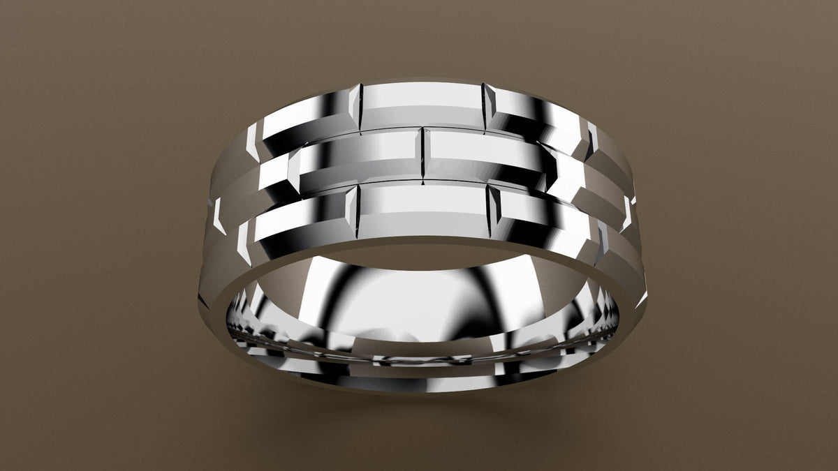 Polished White Gold 8mm Brick Pattern Wedding Band