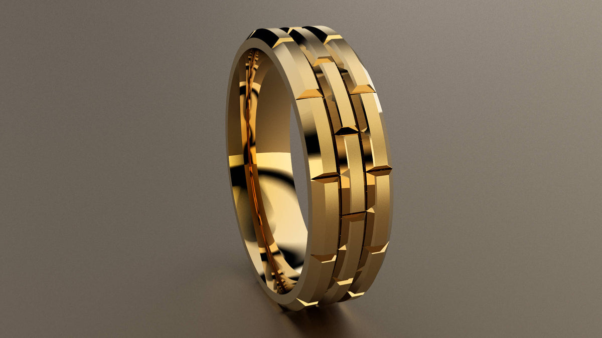 Brushed Yellow Gold 6mm Brick Pattern Wedding Band