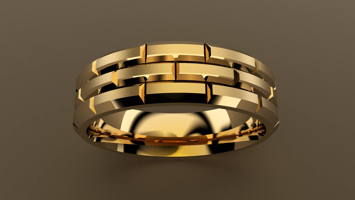 Brushed Yellow Gold 6mm Brick Pattern Wedding Band