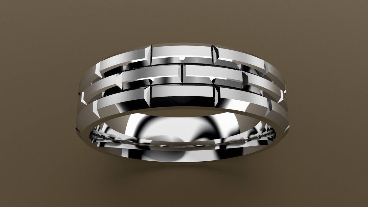 Brushed White Gold 6mm Brick Pattern Wedding Band
