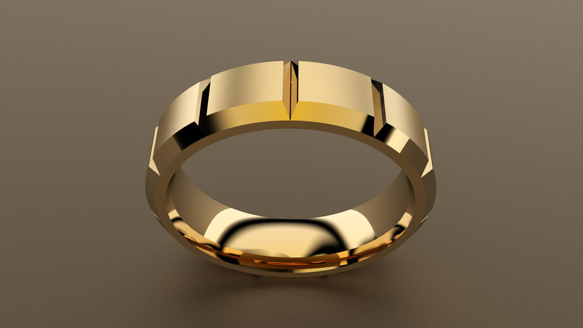 Brushed Yellow Gold 6mm Beveled Edge Segmented Wedding Band