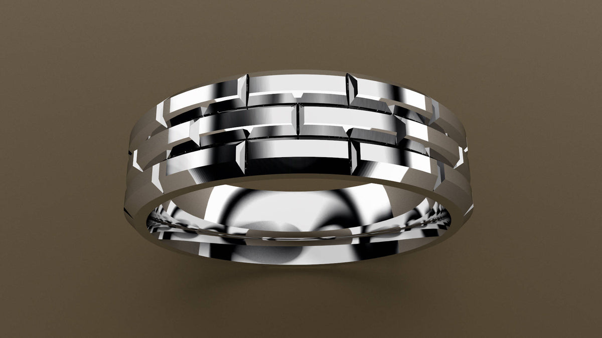 Polished White Gold 6mm Brick Pattern Wedding Band