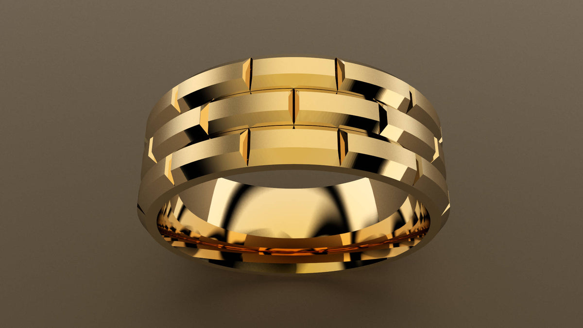 Brushed Yellow Gold 8mm Brick Pattern Wedding Band