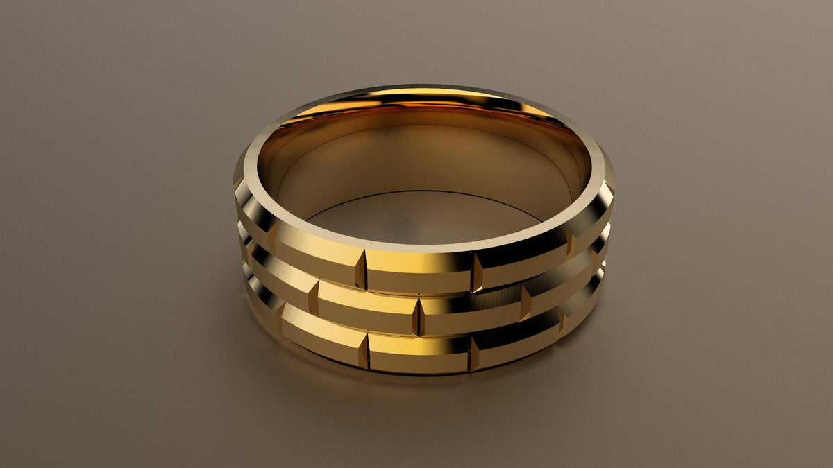 Brushed Yellow Gold 8mm Brick Pattern Wedding Band