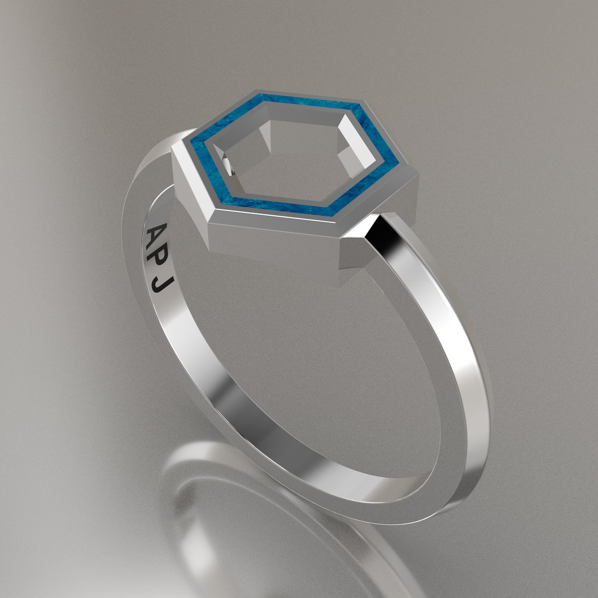 Silver Geometric Hexagon Ring, Blue Swirl Resin Solid Sterling Silver Petite Design