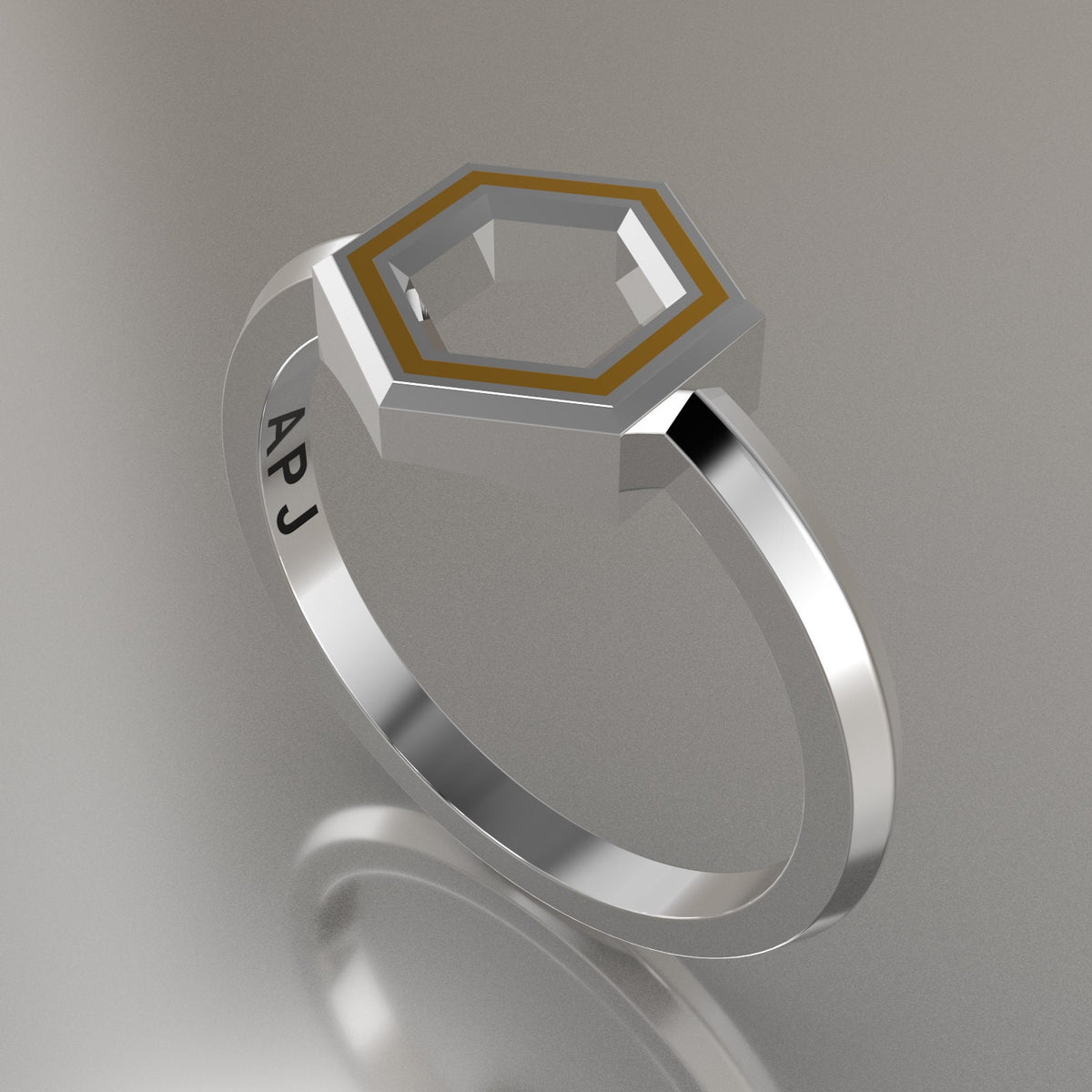 Silver Geometric Hexagon Ring, Yellow Resin Solid Sterling Silver Petite Design