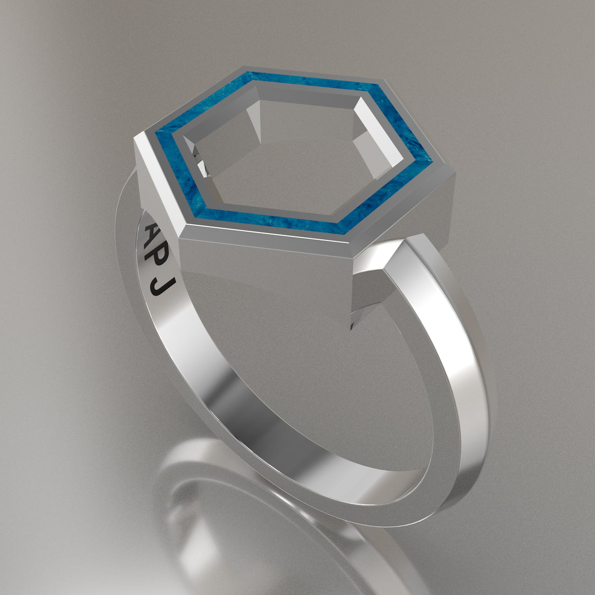 White Gold Geometric Hexagon Ring, Blue Swirl Resin Solid 14kt White Gold Standard Design