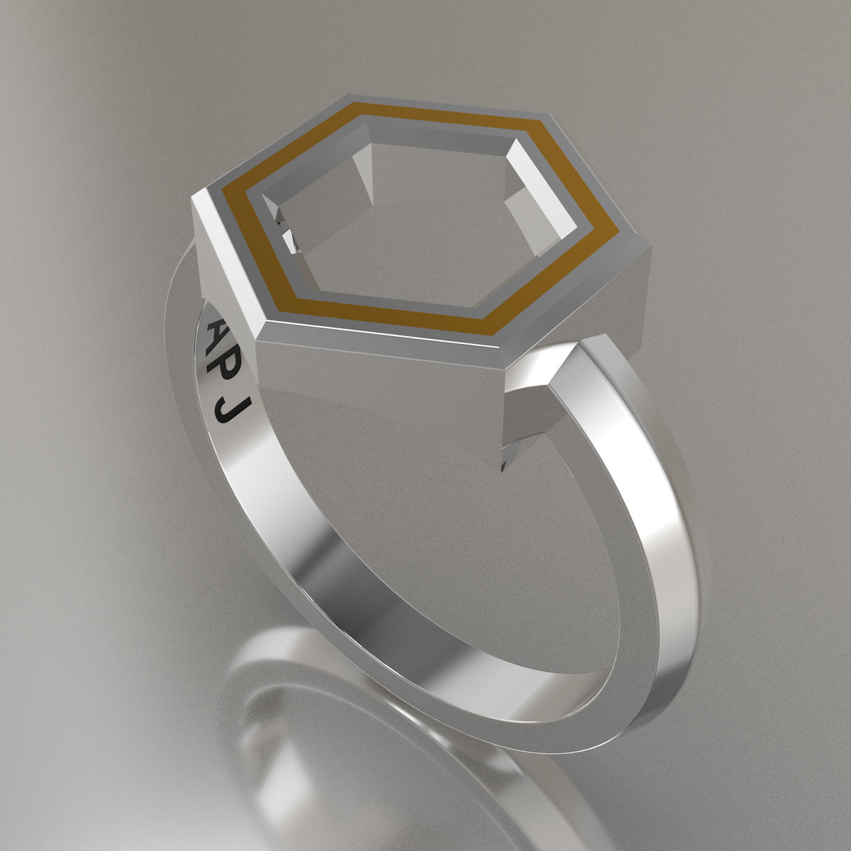 White Gold Geometric Hexagon Ring, Yellow Resin Solid 14kt White Gold Standard Design