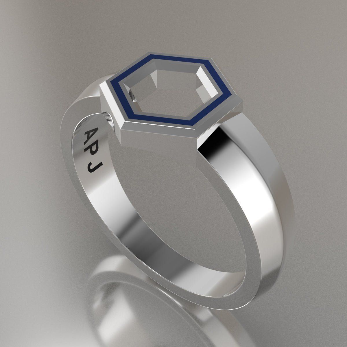 White Gold Geometric Hexagon Signet Ring, Blue Resin Solid 14kt White Gold Petite Signet Design
