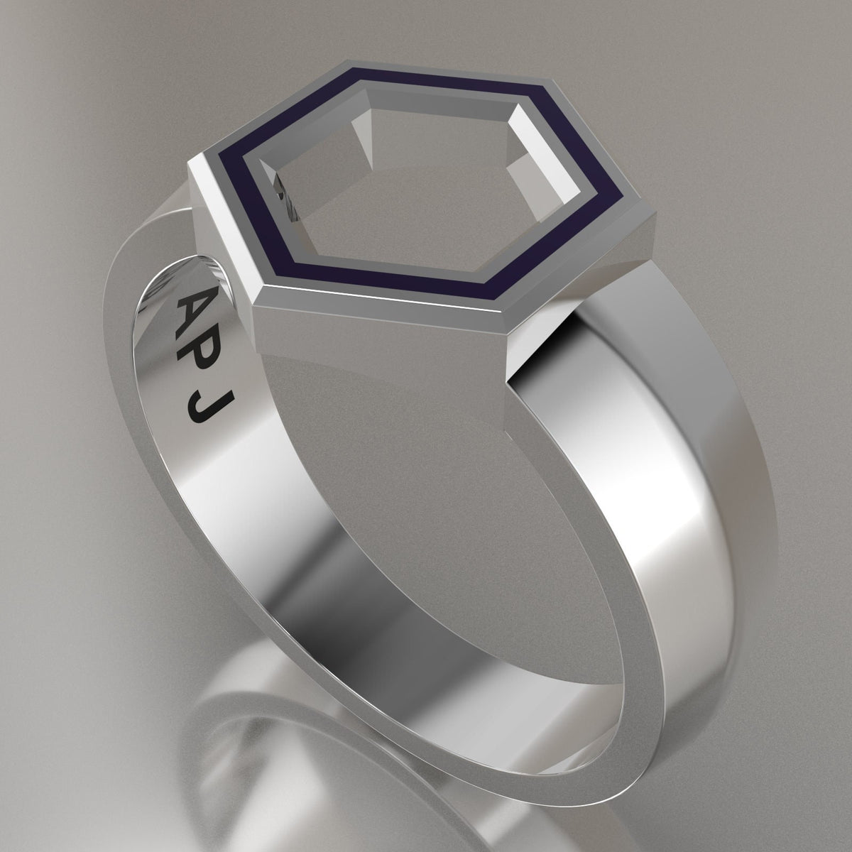 White Gold Geometric Hexagon Signet Ring, Purple Resin Solid 14kt White Gold Standard Signet Design