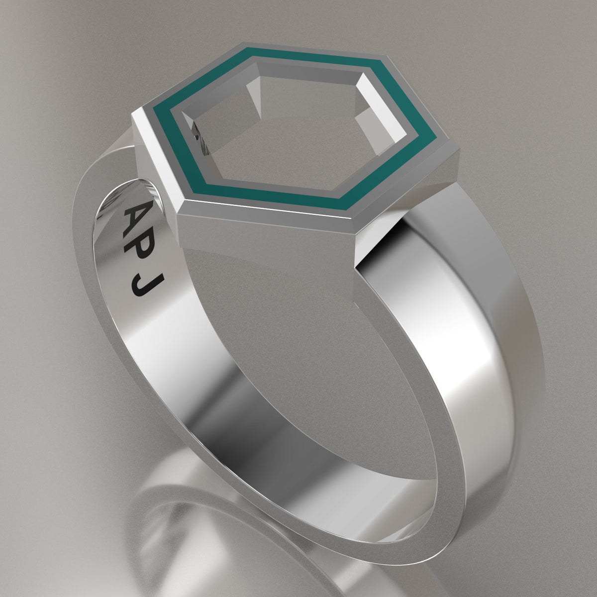 White Gold Geometric Hexagon Signet Ring, Turquoise Resin Solid 14kt White Gold Standard Signet Design