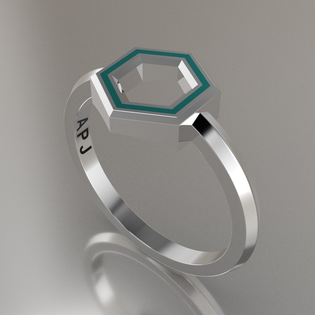 White Gold Geometric Hexagon Ring, Turquoise Resin Solid 14kt White Gold Petite Design