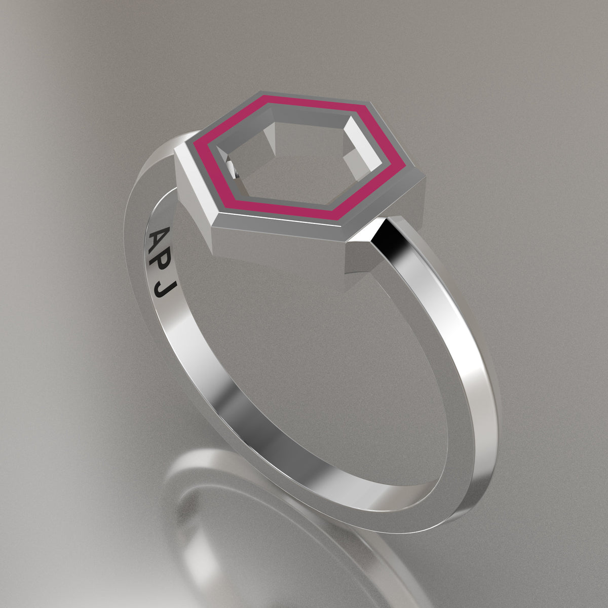 White Gold Geometric Hexagon Ring, Transparent Pink Resin Solid 14kt White Gold Petite Design