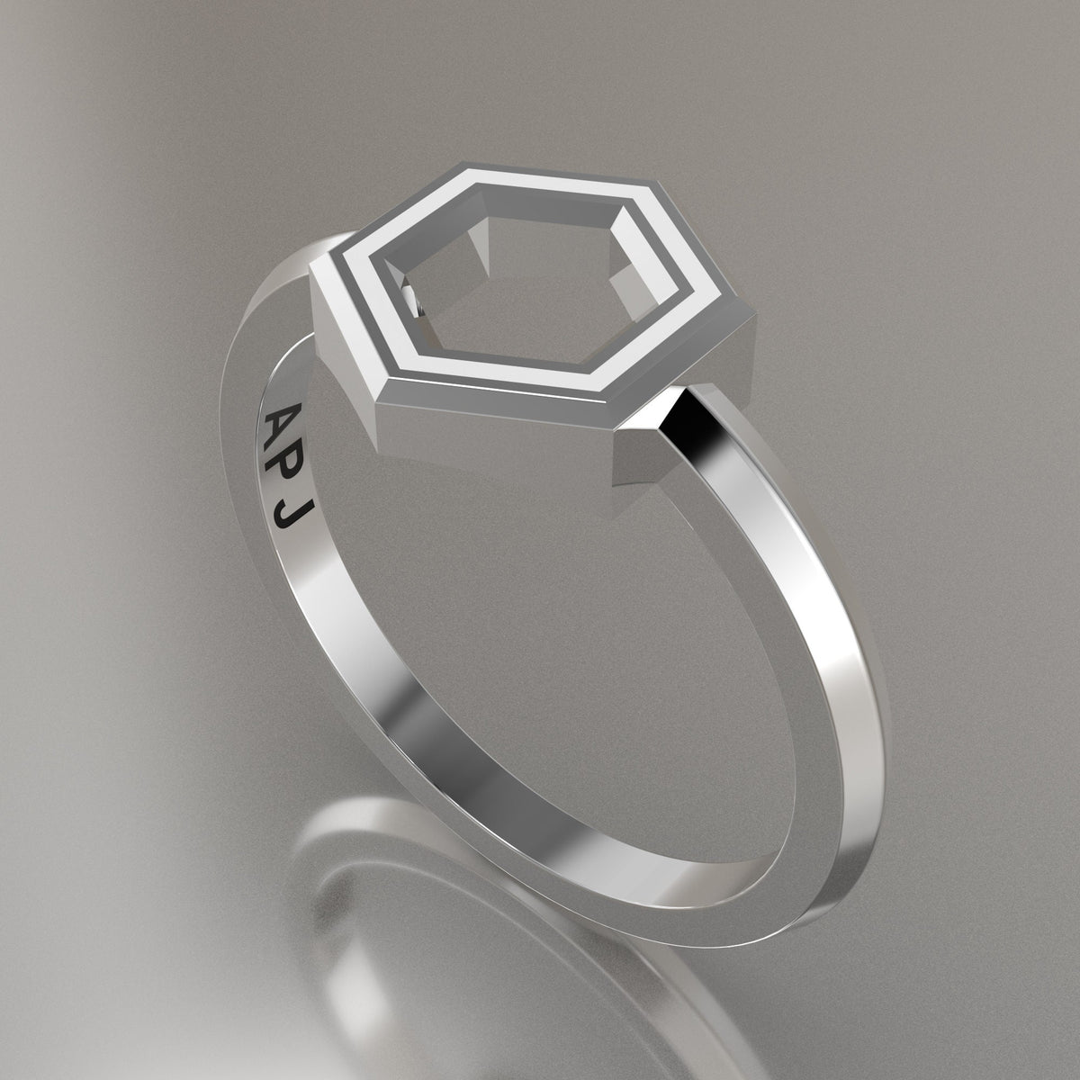 Silver Geometric Hexagon Ring, White Resin Solid Sterling Silver Petite Design