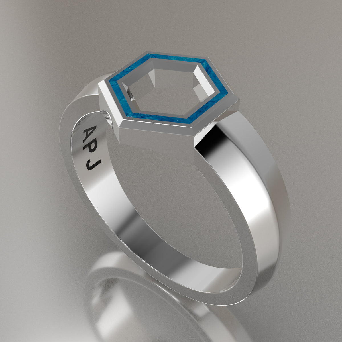 White Gold Geometric Hexagon Signet Ring, Blue Swirl Resin Solid 14kt White Gold Petite Signet Design