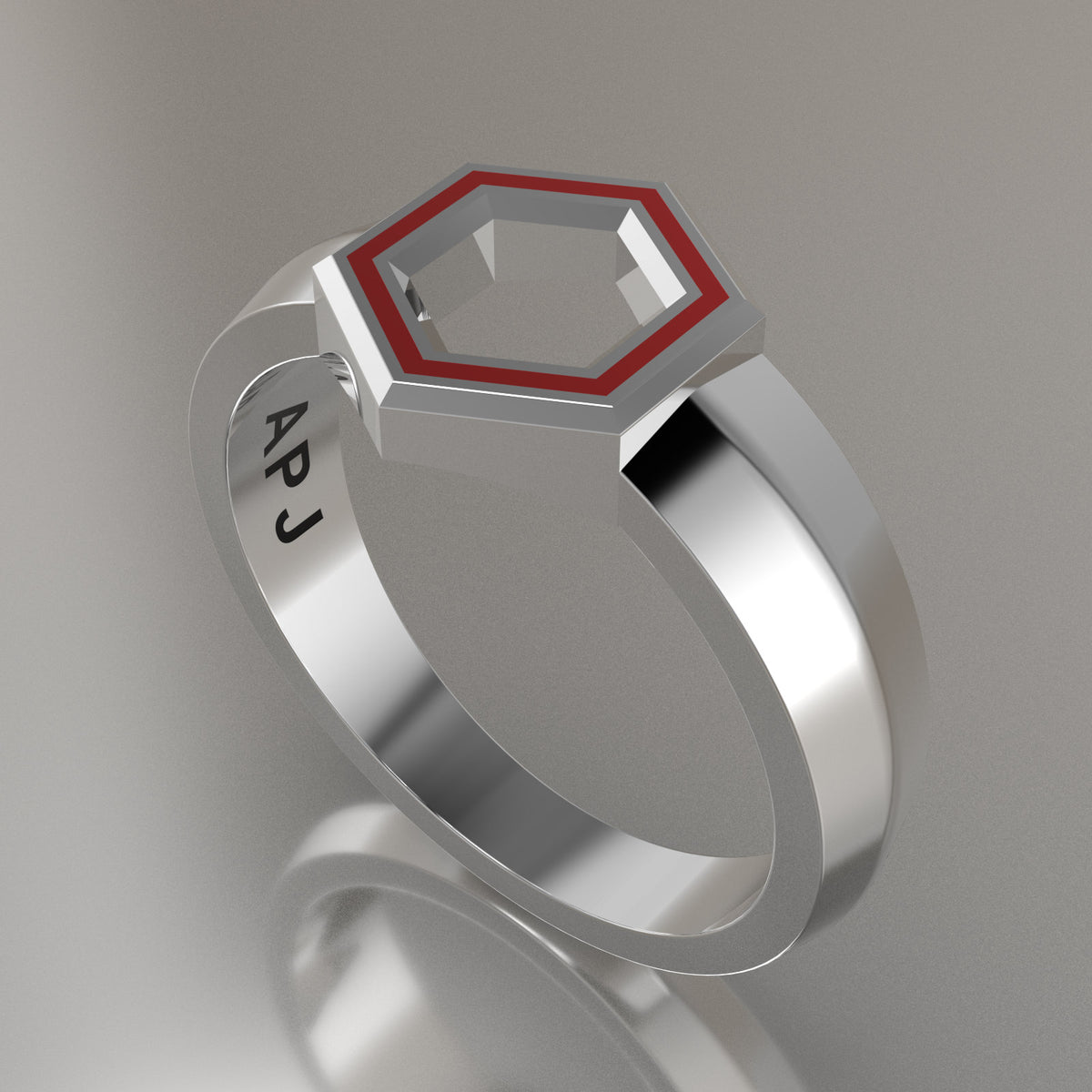 White Gold Geometric Hexagon Signet Ring, Red Resin Solid 14kt White Gold Petite Signet Design