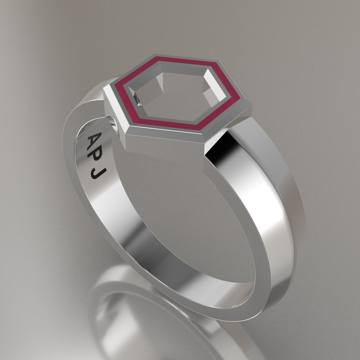 Silver Geometric Hexagon Signet Ring, Transparent Pink Resin Solid Sterling Silver Petite Signet Design