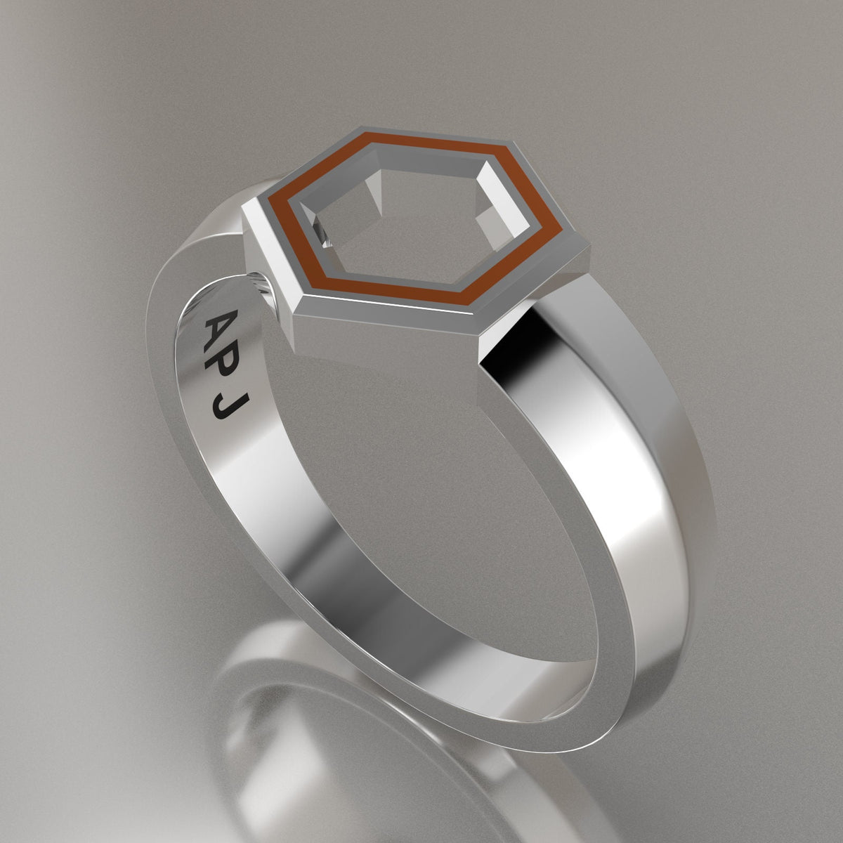 Silver Geometric Hexagon Signet Ring, Orange Resin Solid Sterling Silver Petite Signet Design