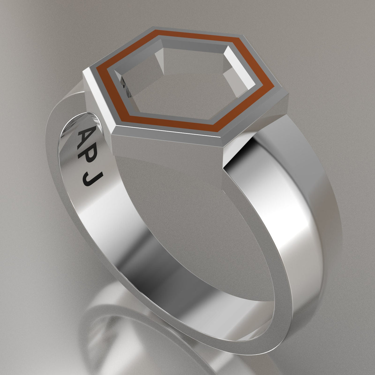 White Gold Geometric Hexagon Signet Ring, Orange Resin Solid 14kt White Gold Standard Signet Design