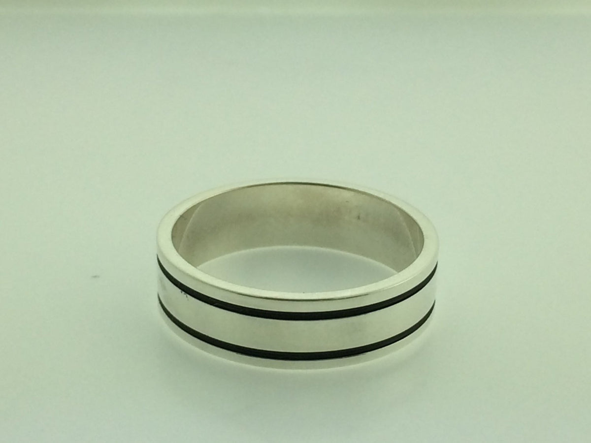 Polished Sterling Silver 6mm Double Black Groove Wedding Band