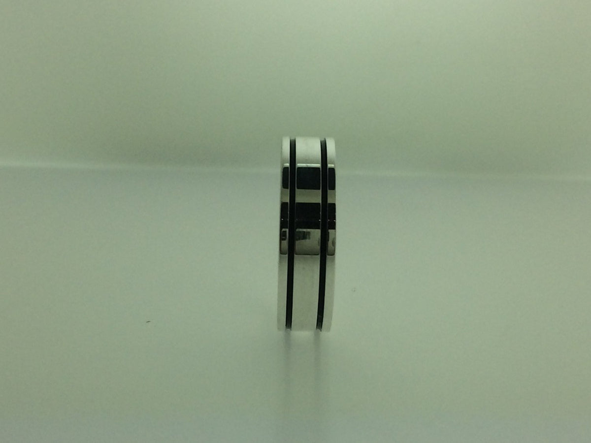 Polished Sterling Silver 6mm Double Black Groove Wedding Band
