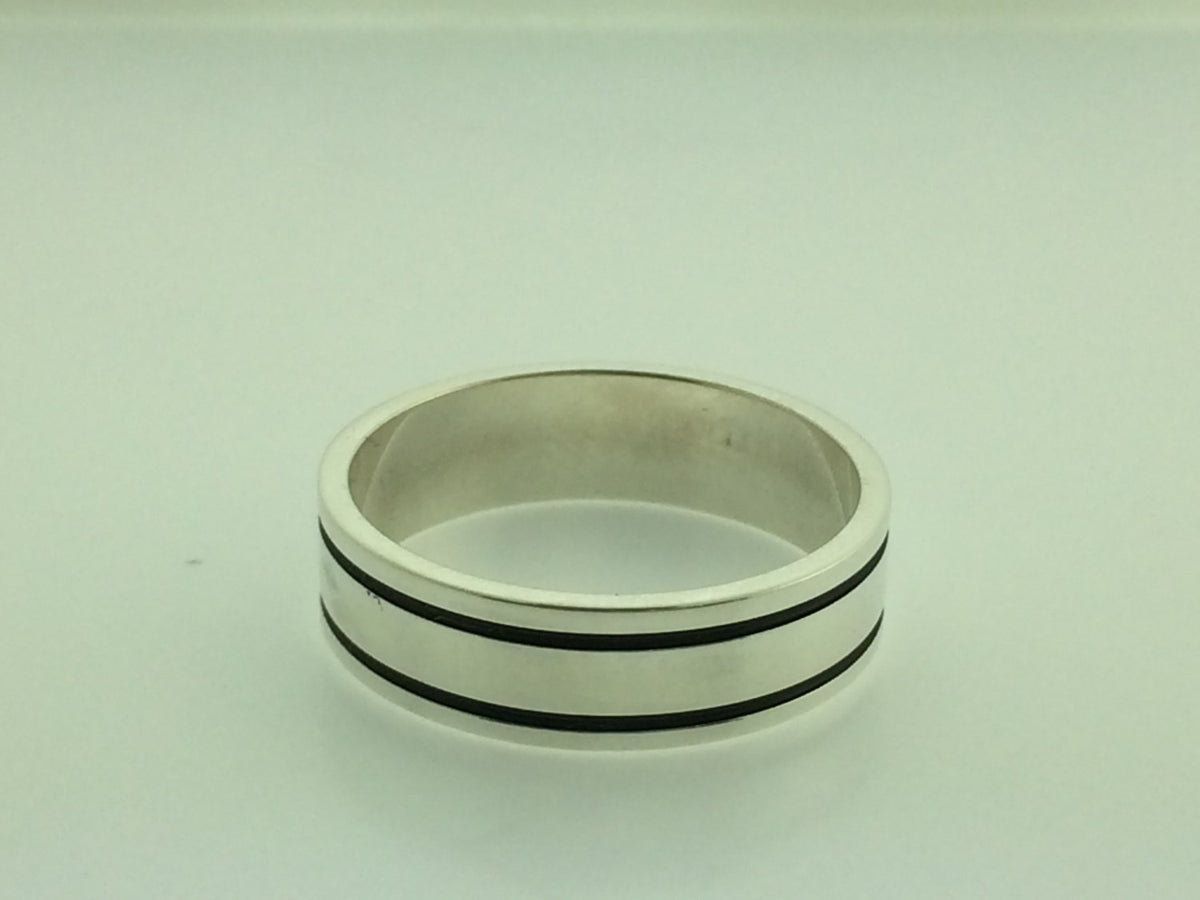 Polished White Gold 6mm Double Black Groove Wedding Band
