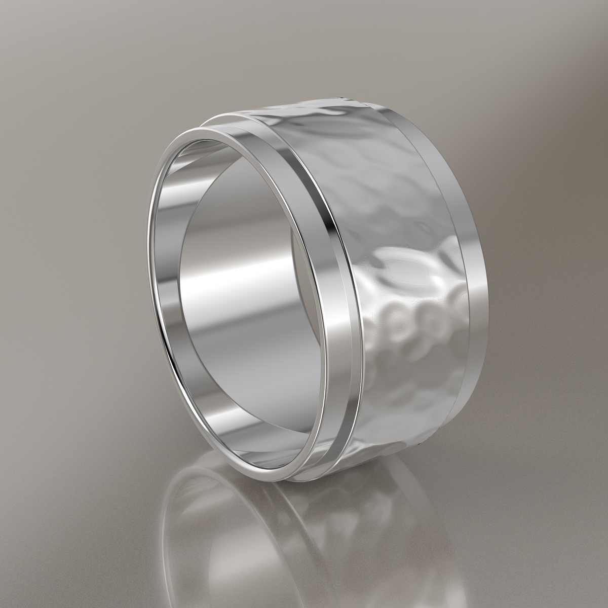 Hammered White Gold 10mm Step Edge Wedding Band