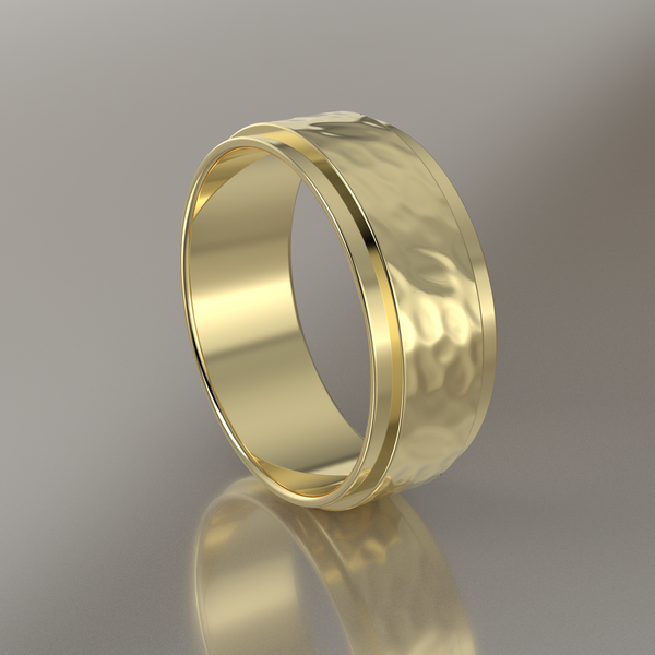 Hammered Yellow Gold 7mm Step Edge Wedding Band