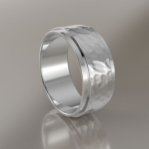 Hammered White Gold 8mm Step Edge Wedding Band