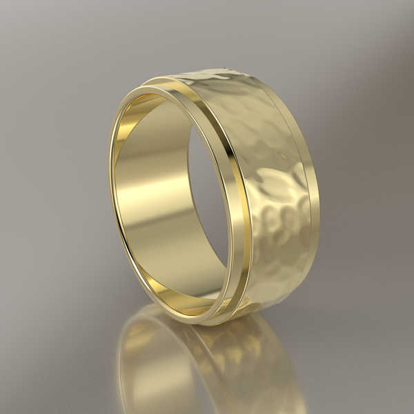 Hammered Yellow Gold 8mm Step Edge Wedding Band