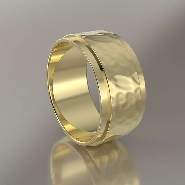 Hammered Yellow Gold 9mm Step Edge Wedding Band