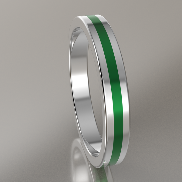 Polished White Gold 3mm Stacking Ring Green Resin