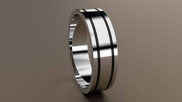 Polished White Gold 6mm Double Black Groove Wedding Band