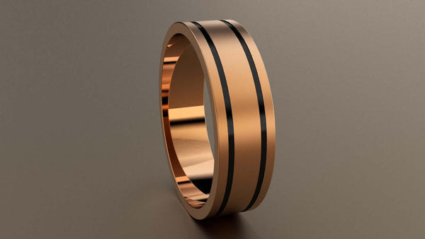 Brushed Rose Gold 6mm Double Black Groove Wedding Band