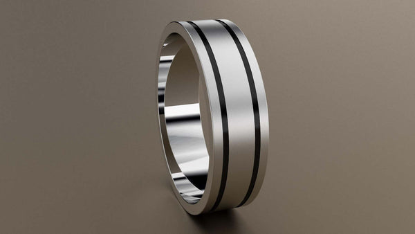 Brushed White Gold 6mm Double Black Groove Wedding Band