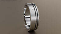 Brushed White Gold 6mm Double Offset Black Grooved Wedding Band
