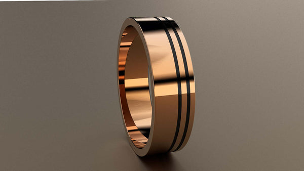 Polished Rose Gold 6mm Double Offset Black Groove Wedding Band