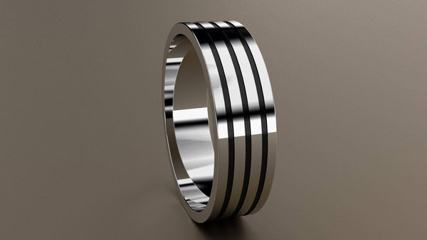 Polished White Gold 6mm Triple Black Groove Wedding Band