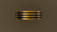 Brushed Yellow Gold 6mm Triple Black Groove Wedding Band