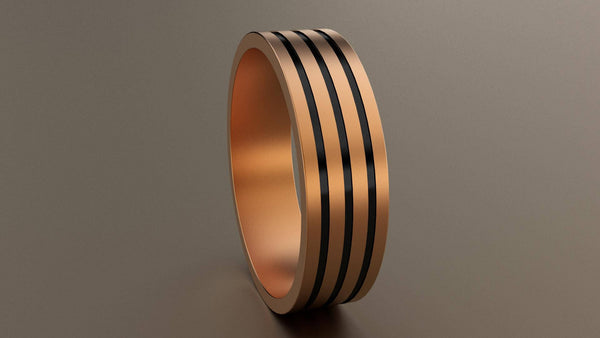 Brushed Rose Gold 6mm Triple Black Groove Wedding Band